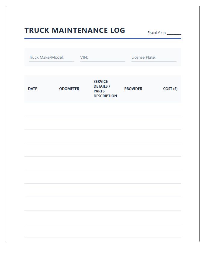 Truck Maintenance Log Printable Spending Chart