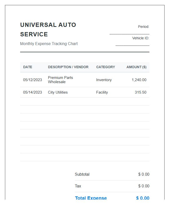 Universal Auto Service Printable Expense Chart
