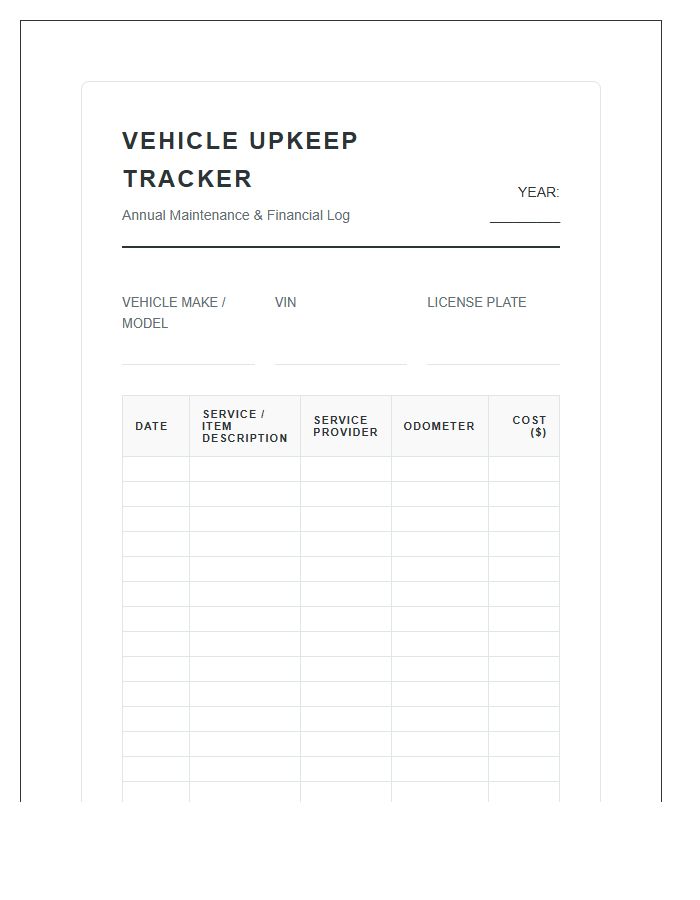 Vehicle Upkeep Tracker Printable Financial Chart