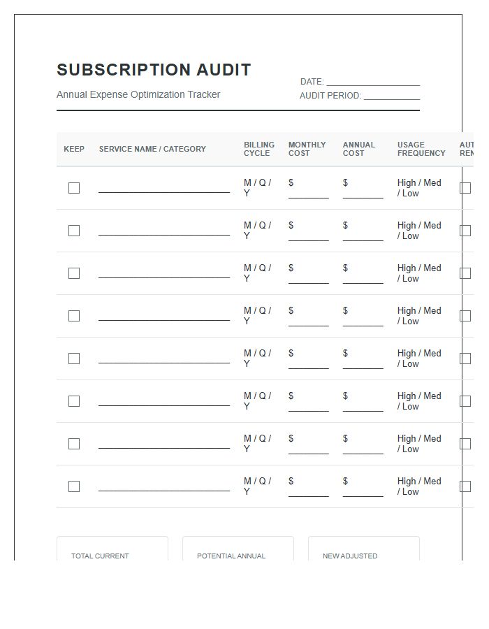 Comprehensive Subscription Audit Printable Budget Chart