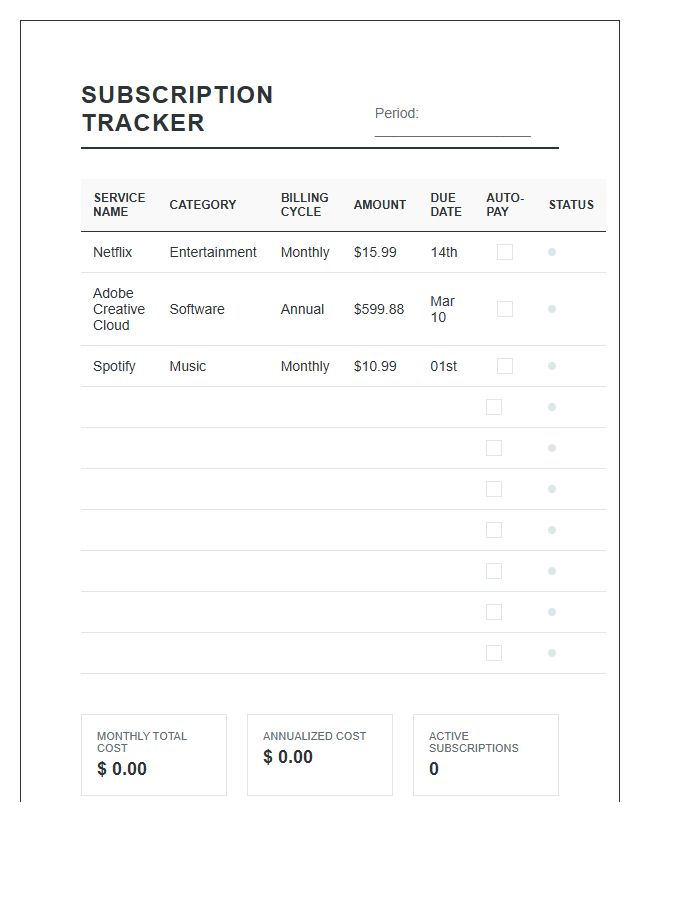 Detailed Subscription Tracking Printable Budget Chart