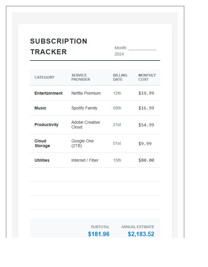 Fixed Monthly Cost Subscription Printable Chart