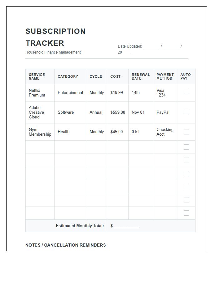Household Subscription Monitoring Printable Chart