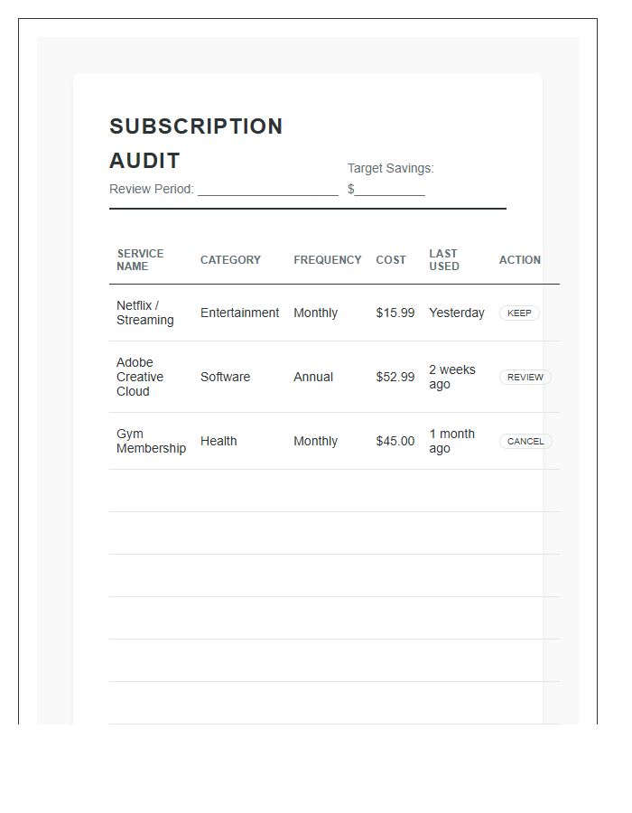 Monthly Financial Subscription Audit Printable Chart