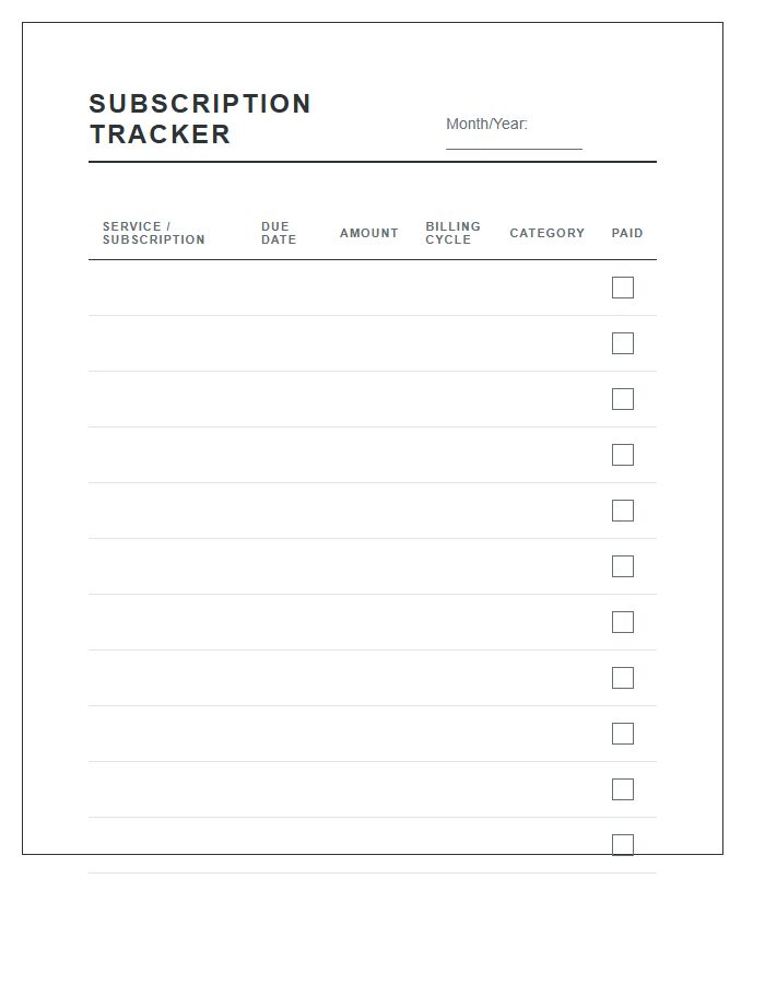 Monthly Recurring Subscription Tracker Printable Chart