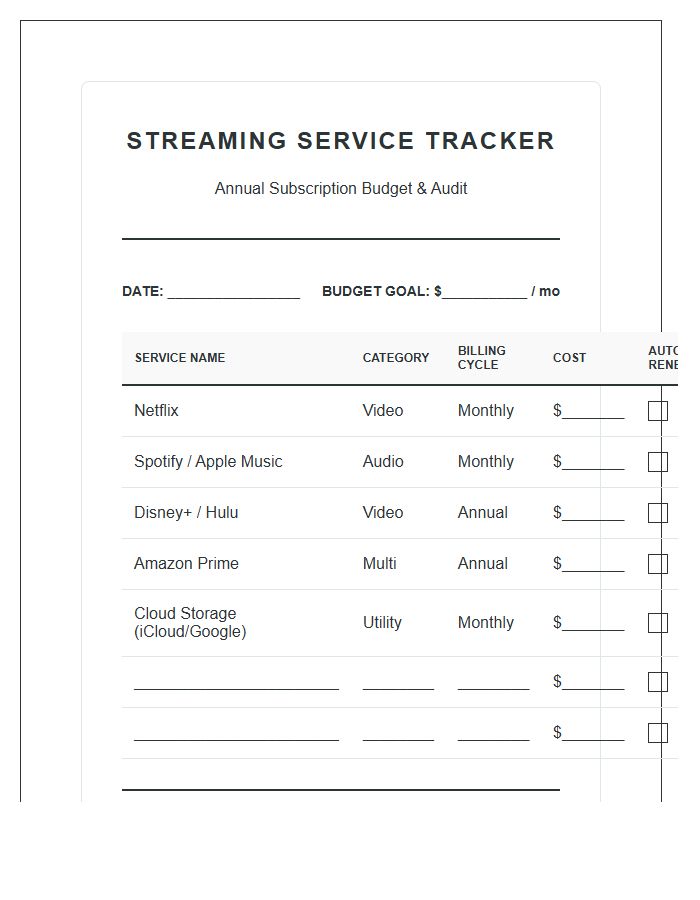 Streaming Service Subscription Budget Printable Chart