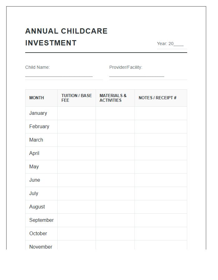 Annual Childcare Investment Printable Tracking Chart
