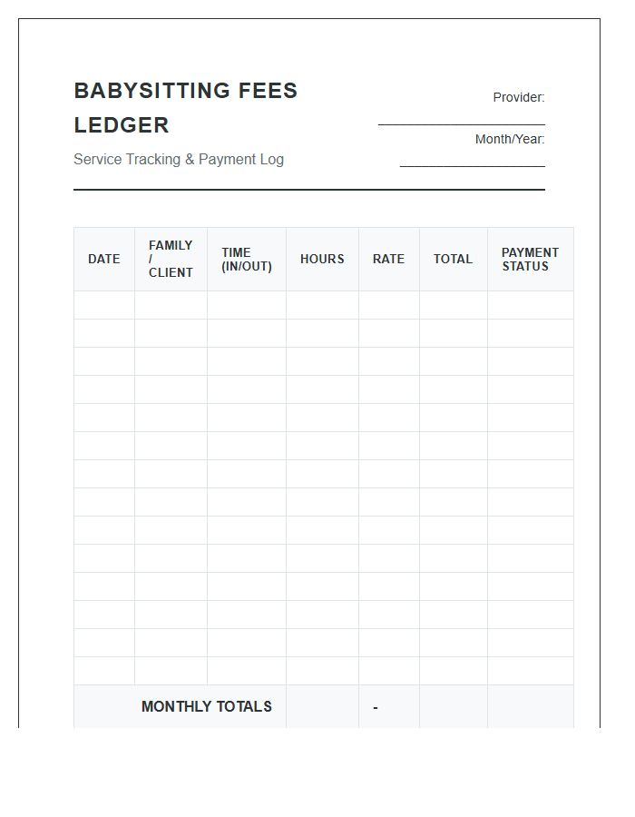 Babysitting Fees Printable Ledger Chart