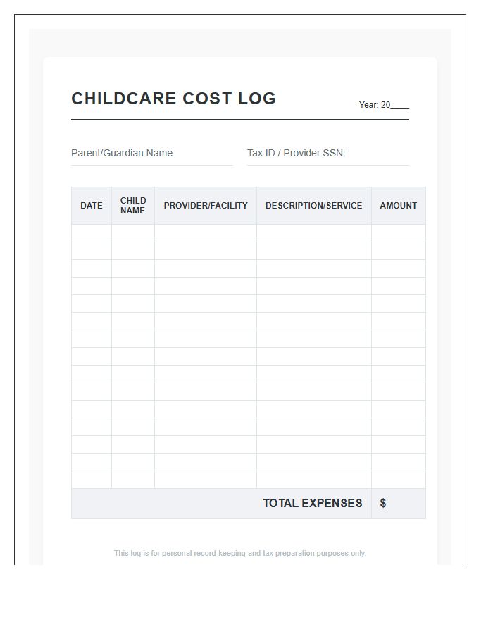 Childcare Cost Log Printable Expense Chart