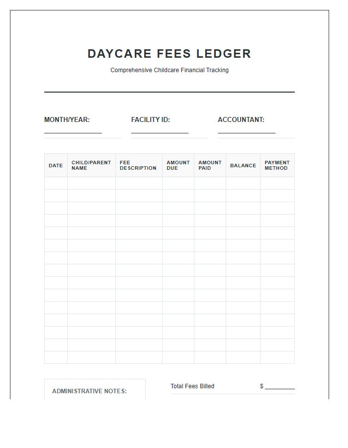 Comprehensive Daycare Fees Printable Ledger Chart