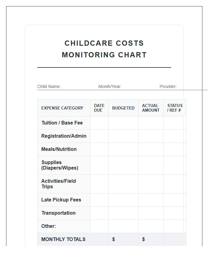 Essential Childcare Costs Printable Monitoring Chart