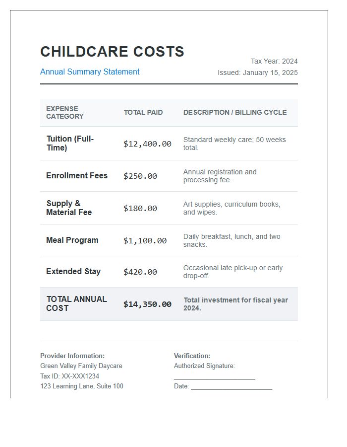 Family Childcare Costs Printable Summary Chart