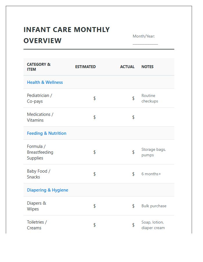 Infant Care Expenses Printable Overview Chart