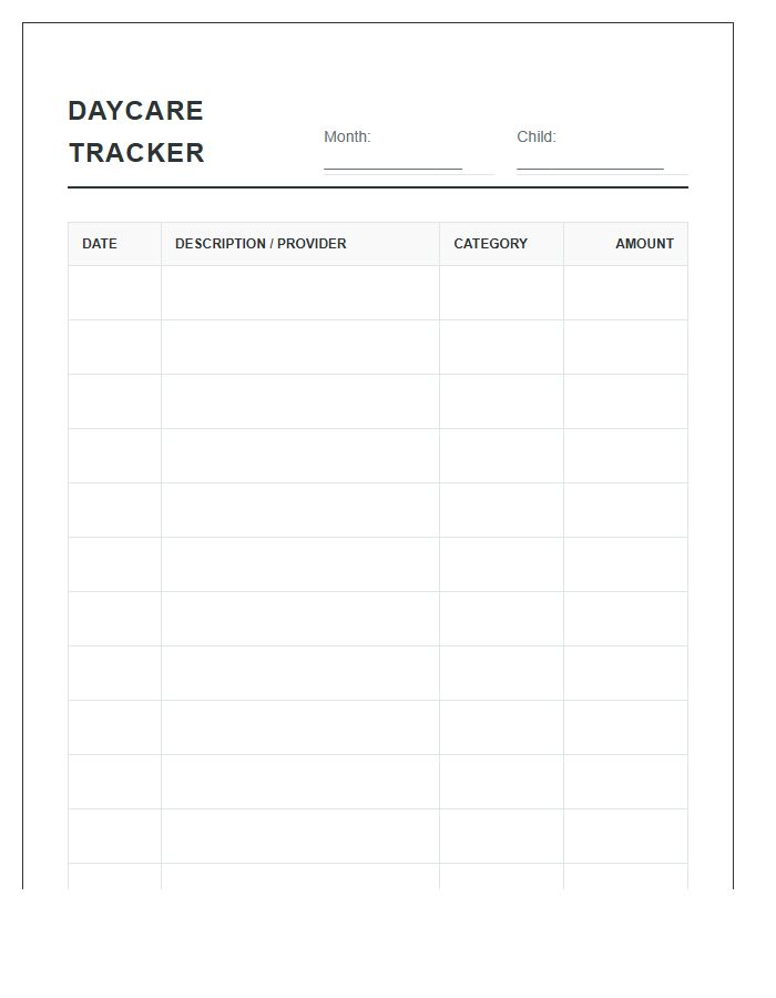 Monthly Daycare Spending Printable Tracking Chart