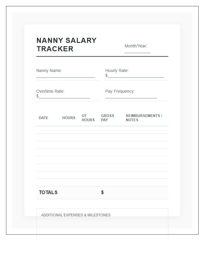 Nanny Salary Tracker Printable Budget Chart