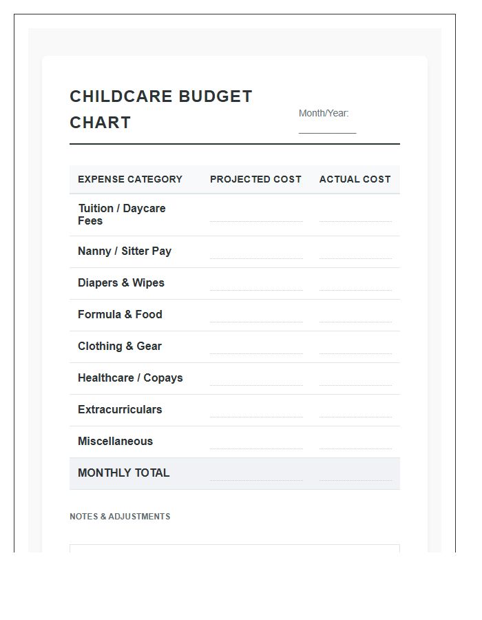 Parental Spending Printable Childcare Budget Chart