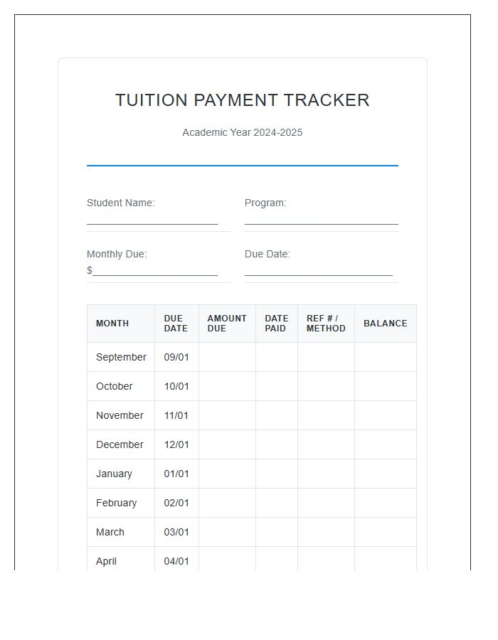 Preschool Tuition Printable Payment Chart