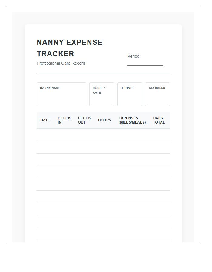 Professional Nanny Costs Printable Tracking Chart