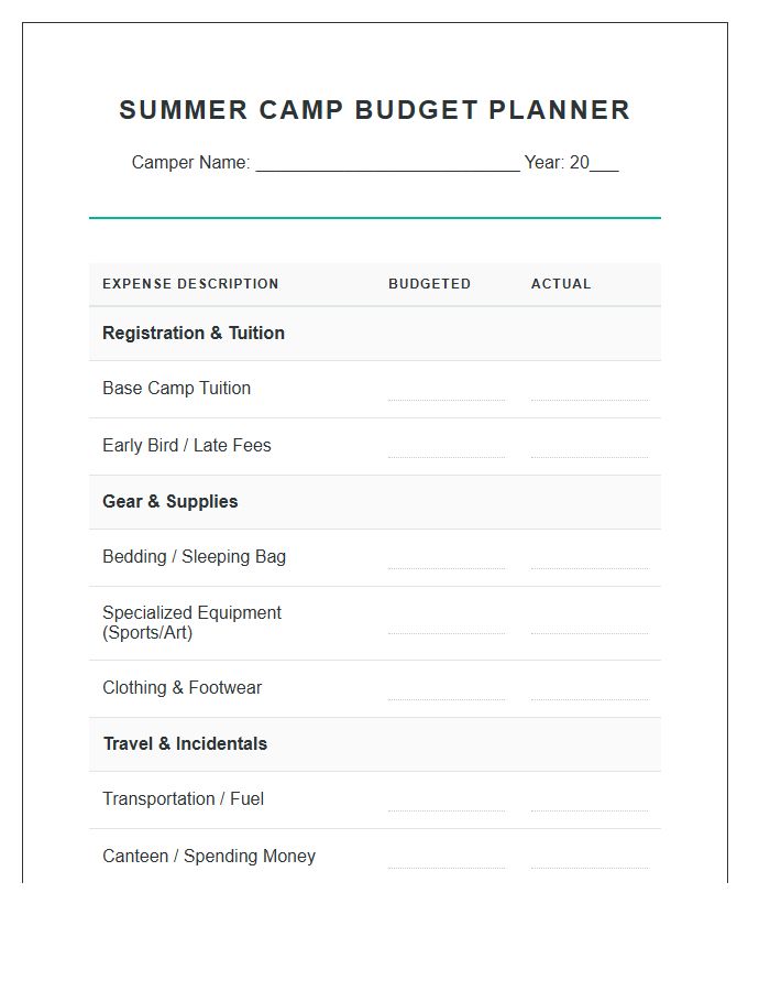 Summer Camp Budgeting Printable Cost Chart