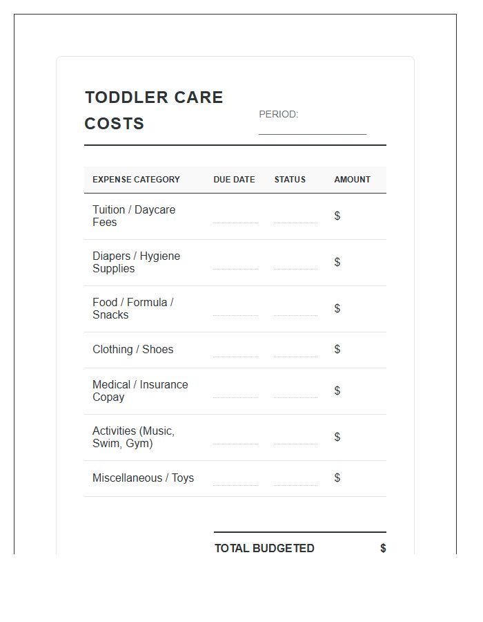 Toddler Care Costs Printable Management Chart