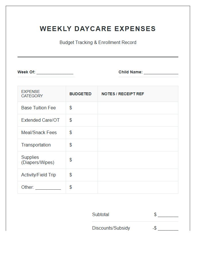 Weekly Daycare Expenses Printable Budget Chart
