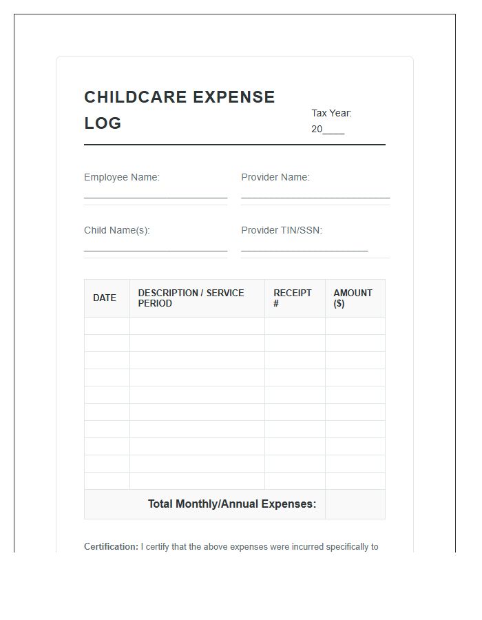 Work Related Childcare Printable Expense Chart