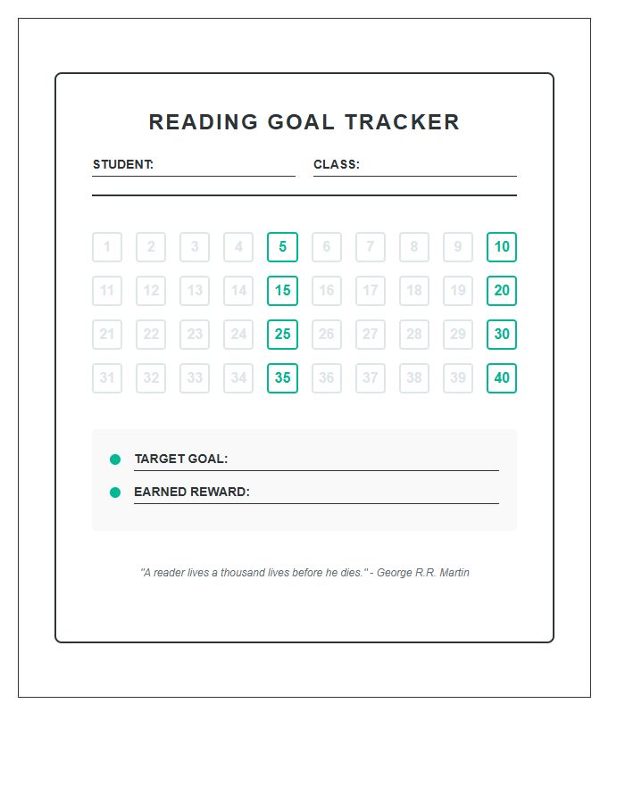 Classroom Reading Goal Reward Printable Chart