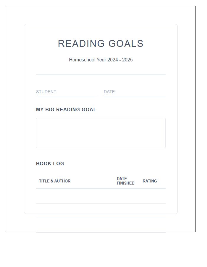 Homeschool Reading Goal Setting Printable Chart