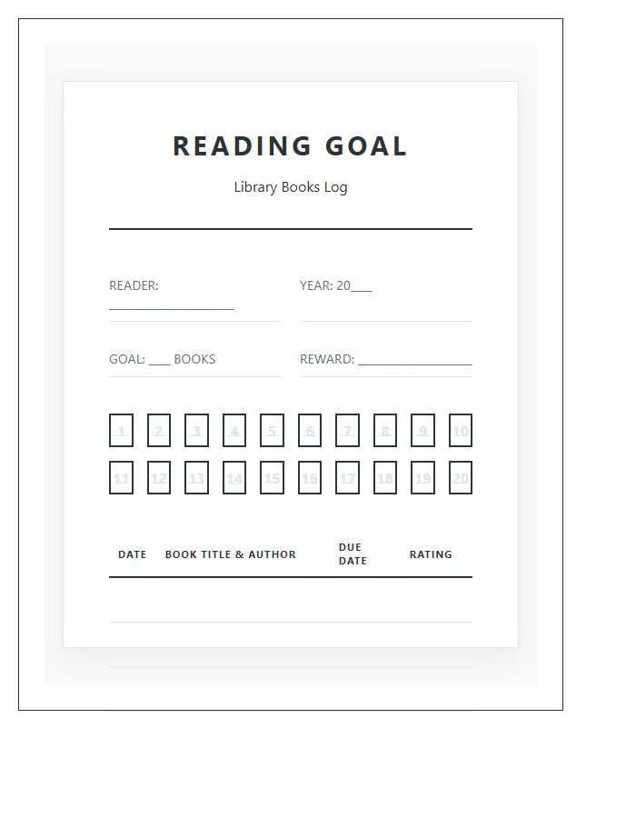 Library Book Reading Goal Printable Chart