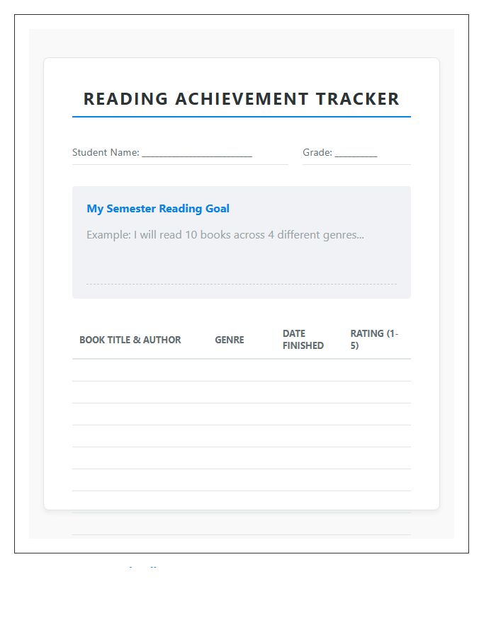 Middle School Reading Goal Printable Chart
