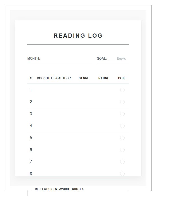 Monthly Book Reading Goal Printable Chart