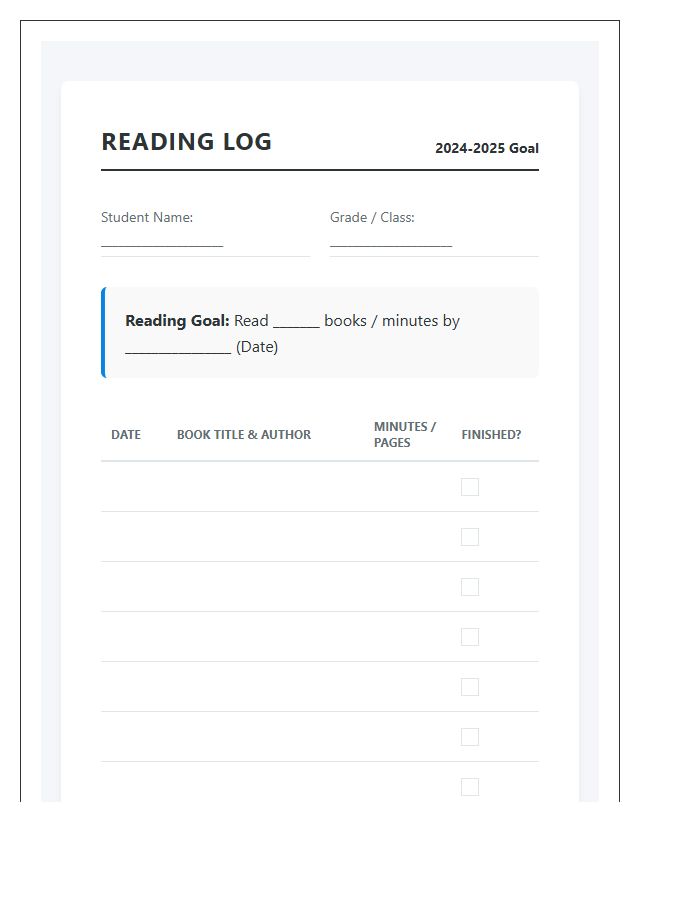 Student Book Log Reading Goal Printable Chart