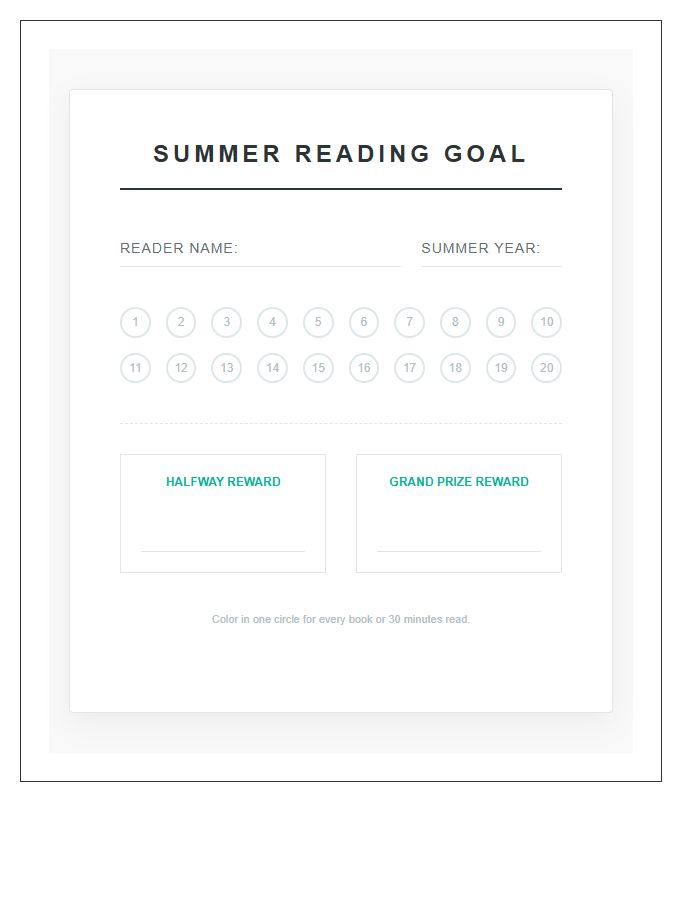 Summer Reading Goal Incentive Printable Chart