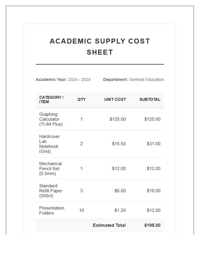 Academic School Supply Cost Printable Chart
