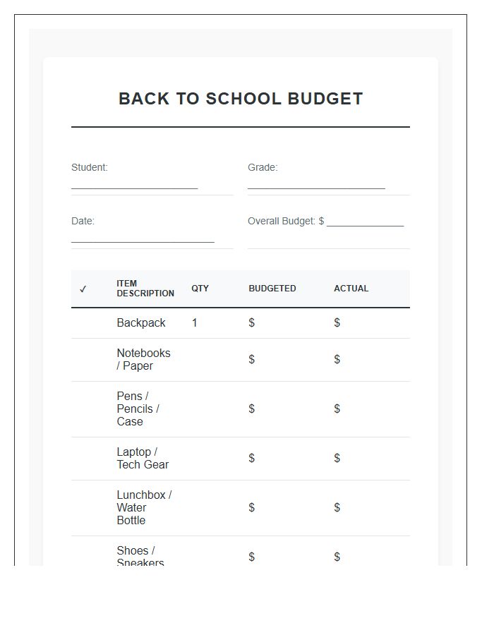 Back To School Shopping Printable Budget Chart