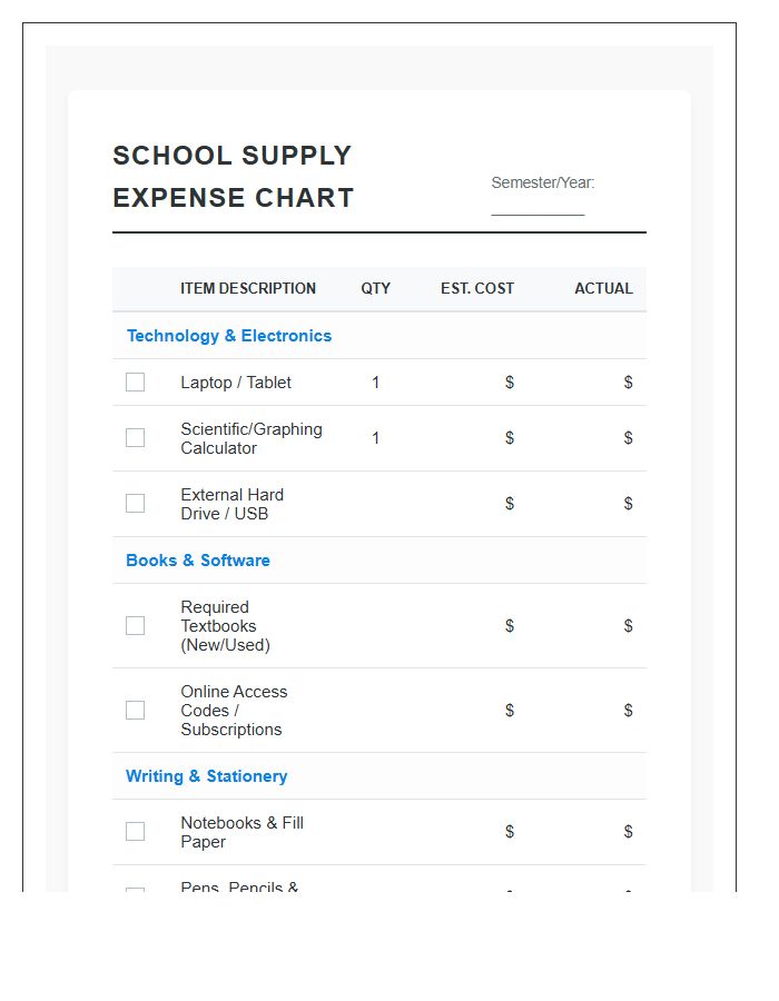College School Supply Expense Printable Chart