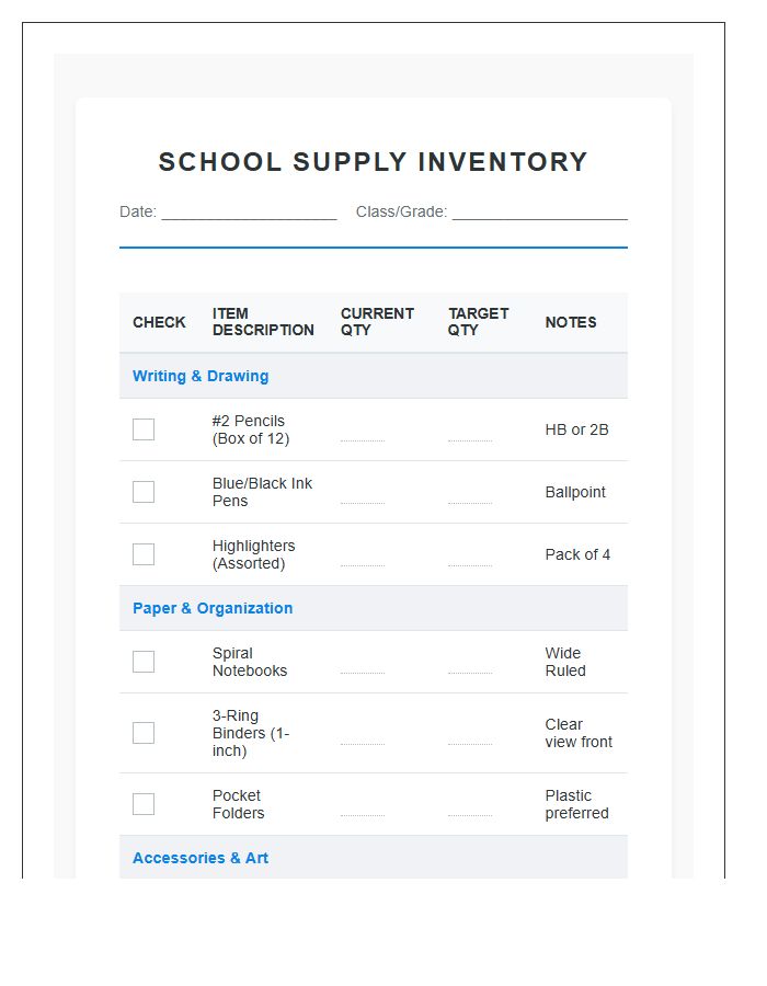 Complete School Supply Inventory Printable Chart