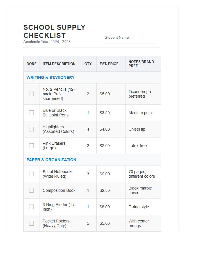 Detailed School Supply Purchase Printable Chart