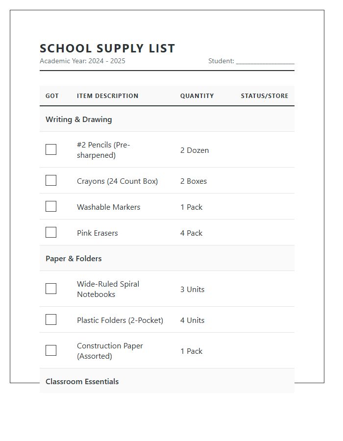 Elementary School Supply Shopping Printable Chart