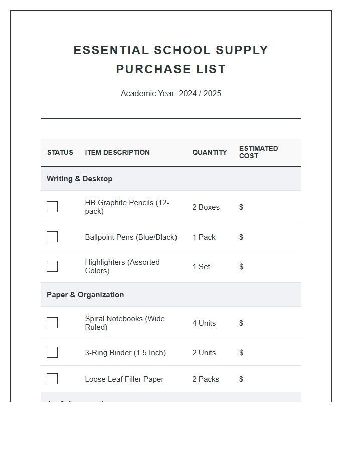 Essential School Supply Purchase Printable Chart