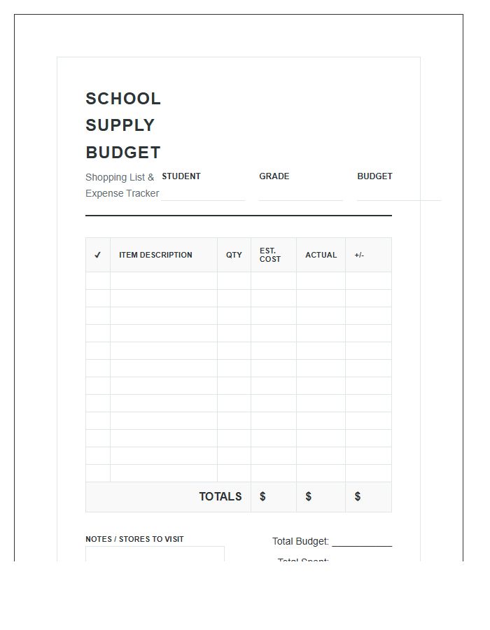 Family School Supply Shopping Printable Budget Chart
