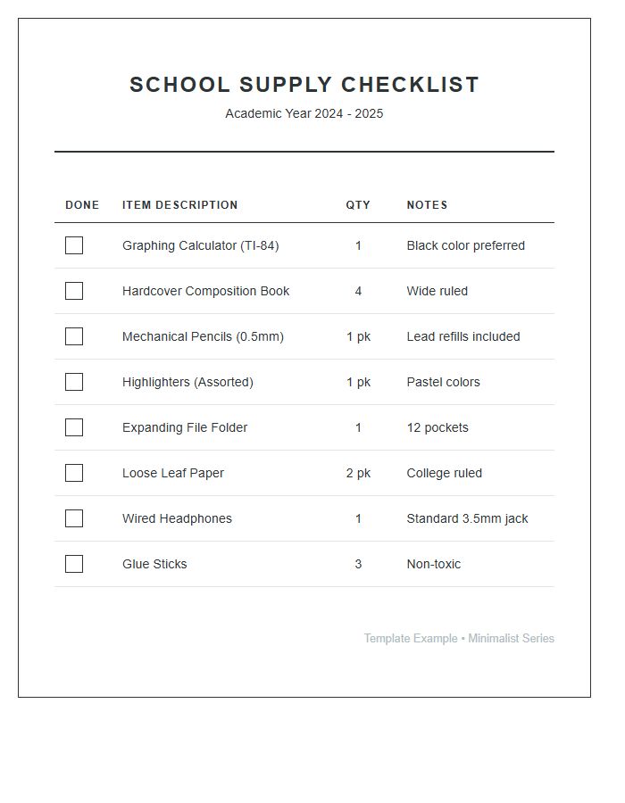 Minimalist School Supply Shopping Printable Chart