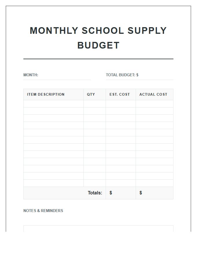 Monthly School Supply Budgeting Printable Chart