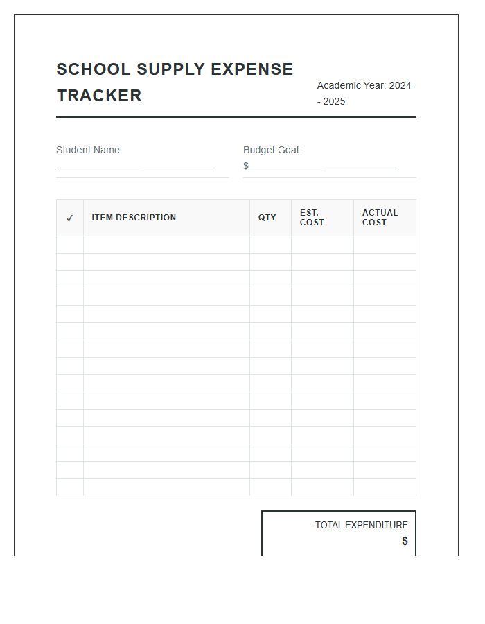 Organizing School Supply Expenses Printable Chart
