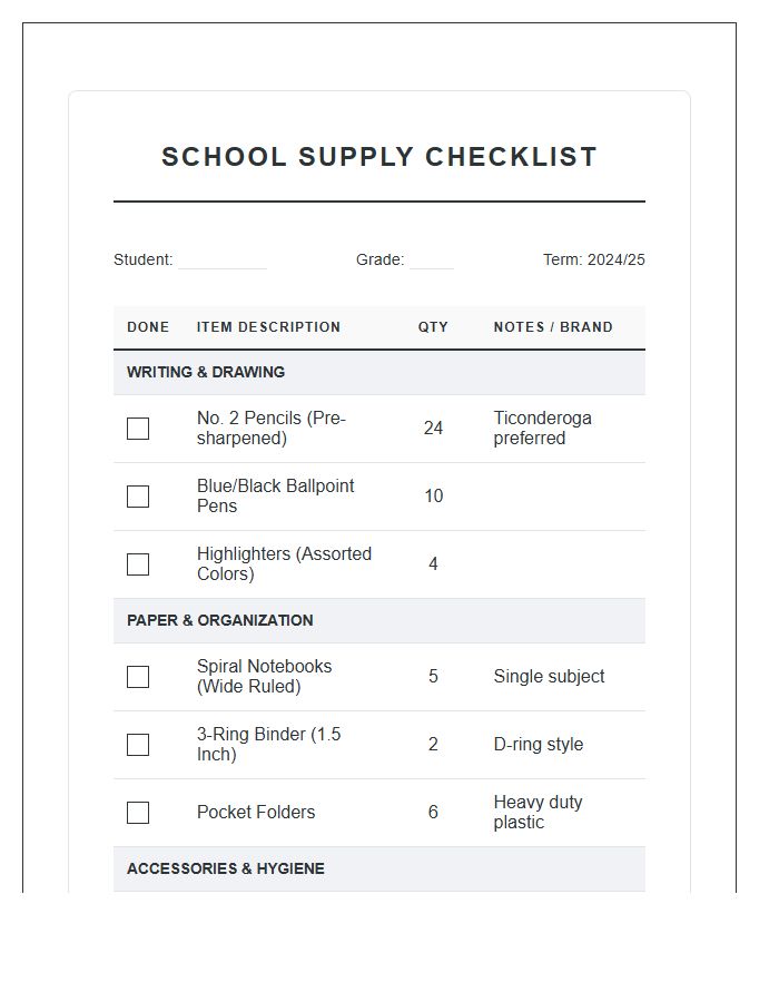 Practical School Supply Shopping Printable Chart