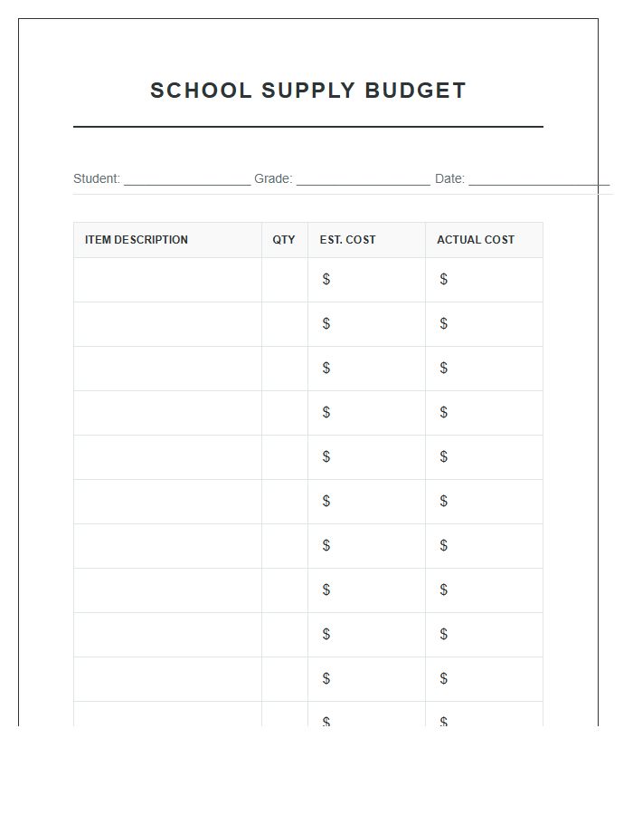 Simple School Supply Budgeting Printable Chart