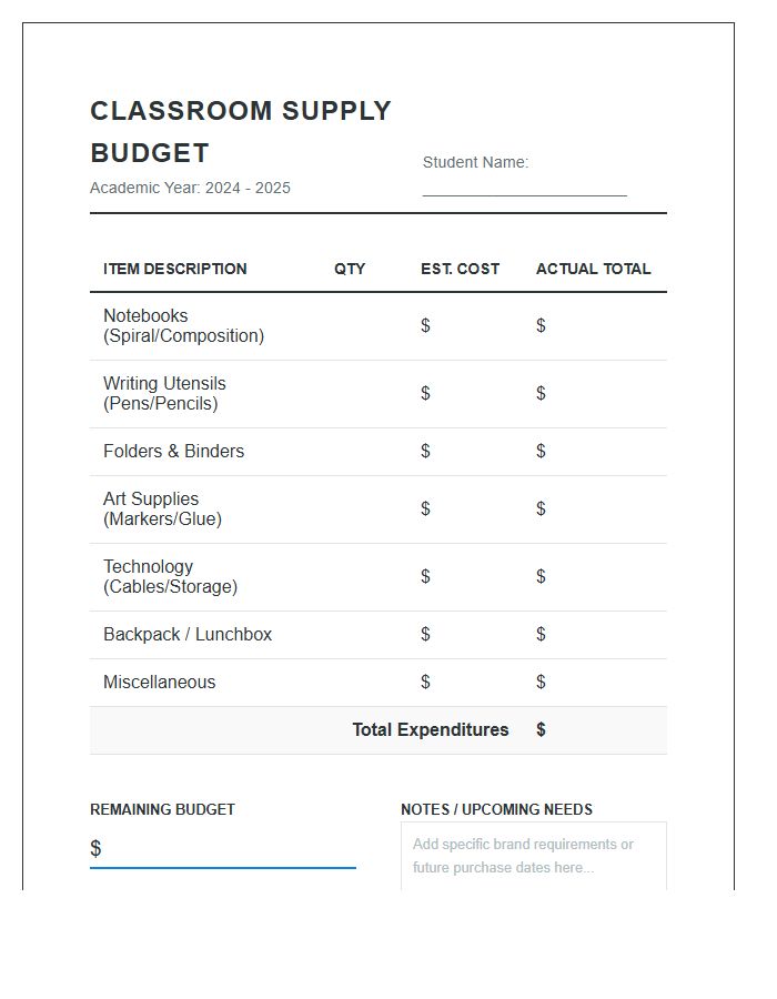 Student Classroom Supply Printable Budget Chart