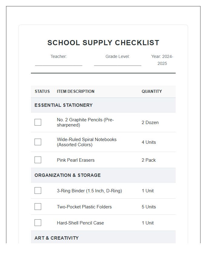 Teacher Recommended School Supply Printable Chart