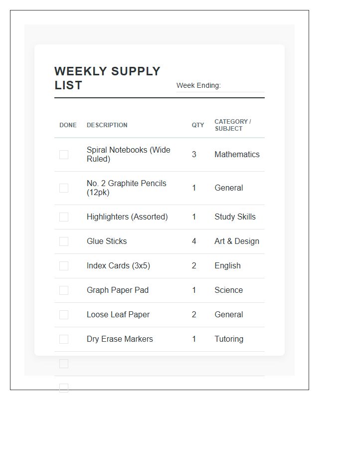 Weekly School Supply Shopping Printable Chart