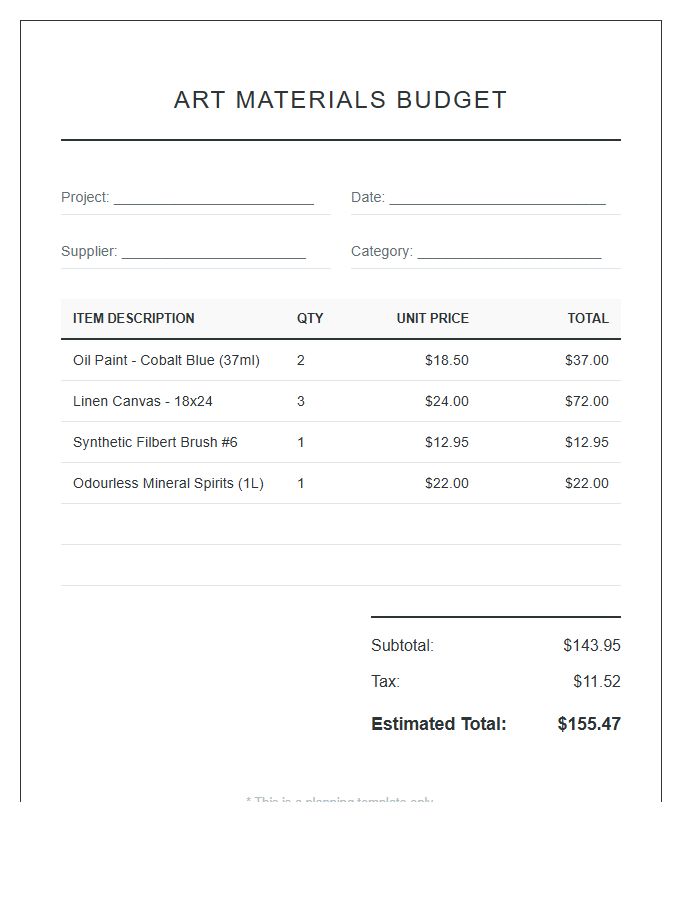 Art Materials Cost Printable Budget Chart